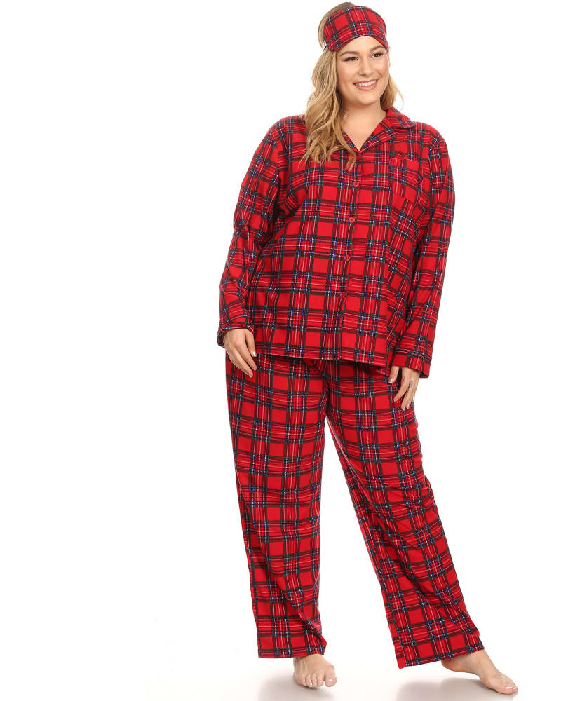 Front of a model wearing a size 2X 3 Piece Pajama Set in Red Plaid by White Mark. | dia_product_style_image_id:247702